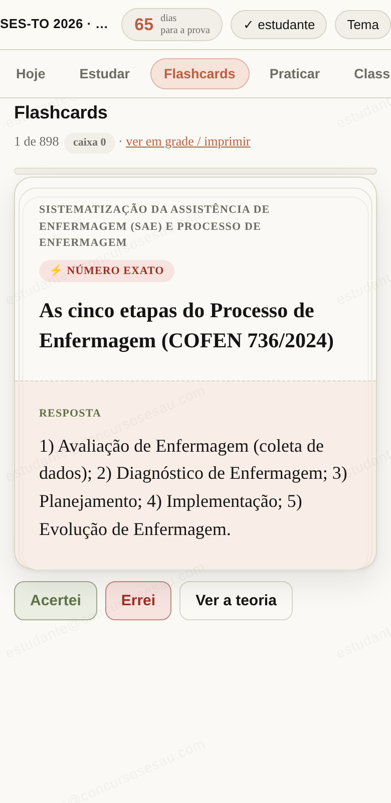 Flashcard aberto mostrando pergunta e resposta com selo de número exato