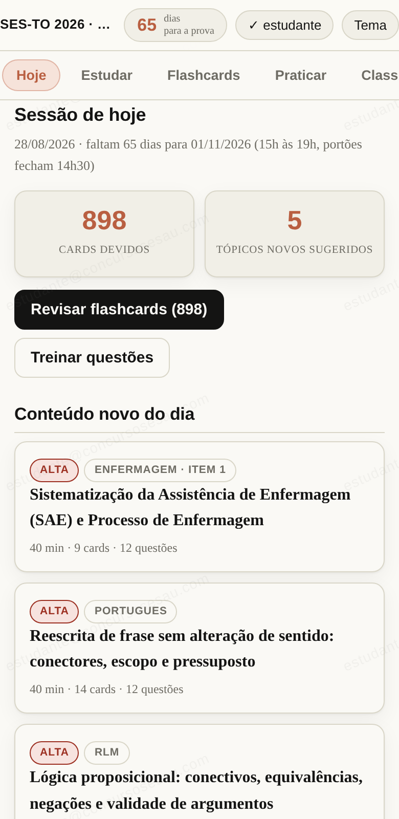 Tela Hoje do app, com a sessão do dia montada e contagem regressiva para a prova